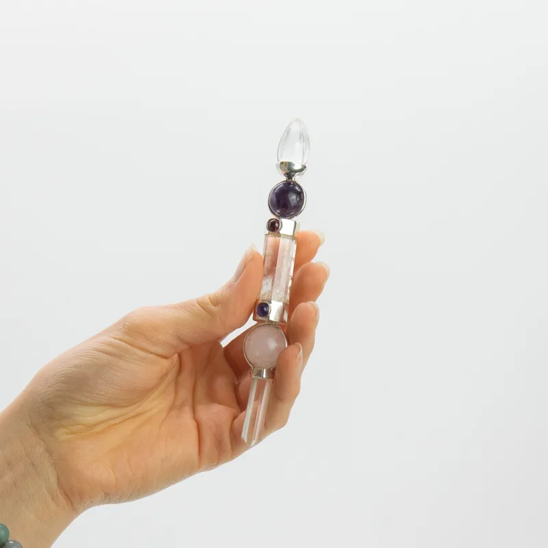 Axis of Grace Wand Amethyst & Rosa Quartz Spheres, Quartz Stem 12cm