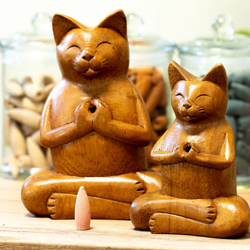 Wooden Carved Incenso Burners Lrg Yoga Cat — foto 3