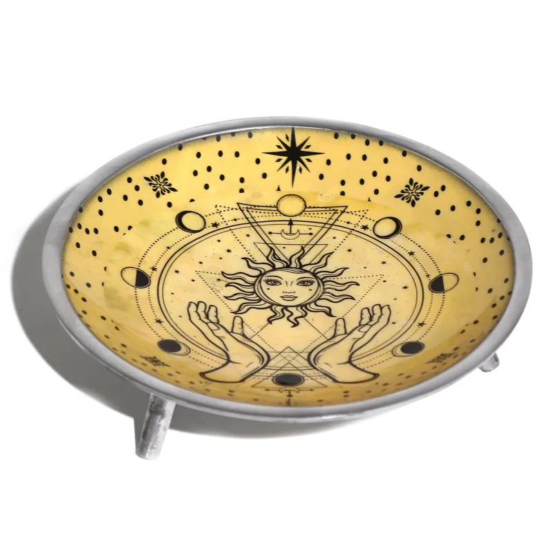 Triple Leg Enamelled Offering Plate Hands & Sun