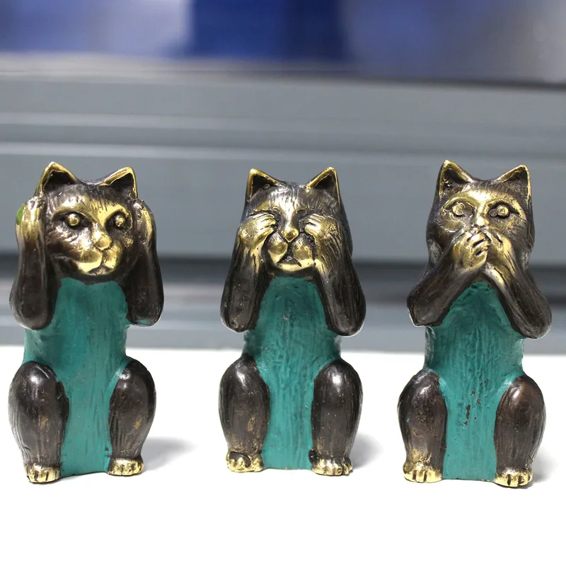 Set of 3 See No, Hear No, Speak No Evil Brass Cats — foto 4