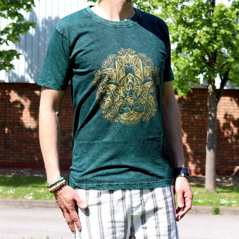 Nomad Sari Stonewashed Cotton T-Shirt – Hamsa – Verde – Medium — foto 1