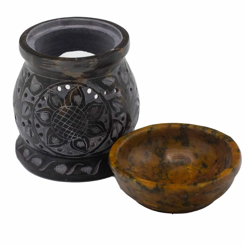 Soapstone Olio Bruciatore 10cm Mandala Fiore Nero & Yellow — foto 3