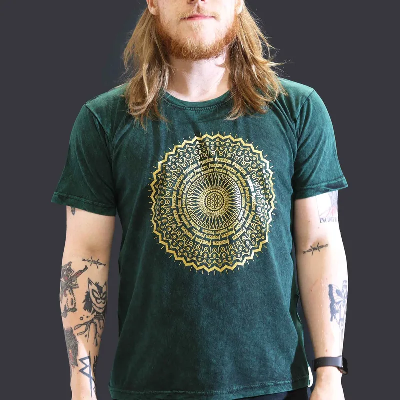 Nomad Sari Stonewashed Cotton T-Shirt – Mandala – Verde – Large