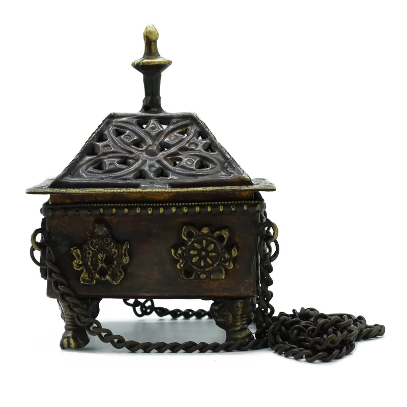 Brass Tibetan Bruciatore Eight Symbols Square Hanging Pot