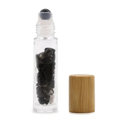 Olio Roller Bottiglia con Pietra Preziosa – Turmalina Nera – Cappuccio in Legno + Punta Roller in Pietra Preziosa per Flacone da 5 ml