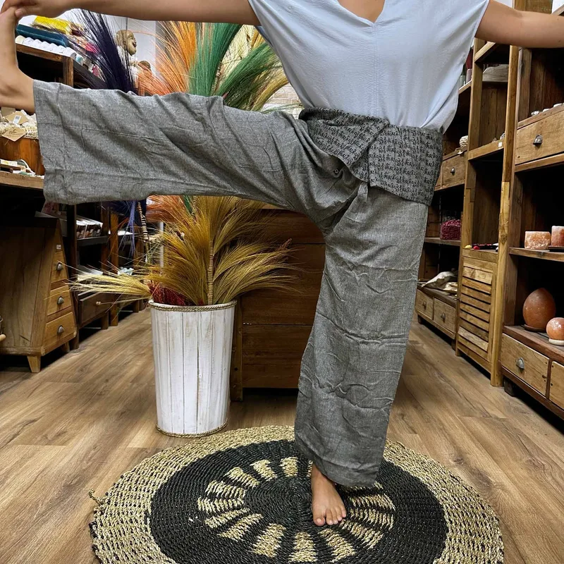 Yoga and Festival Pants Thai Fisherman Mandala Mantra on Grey