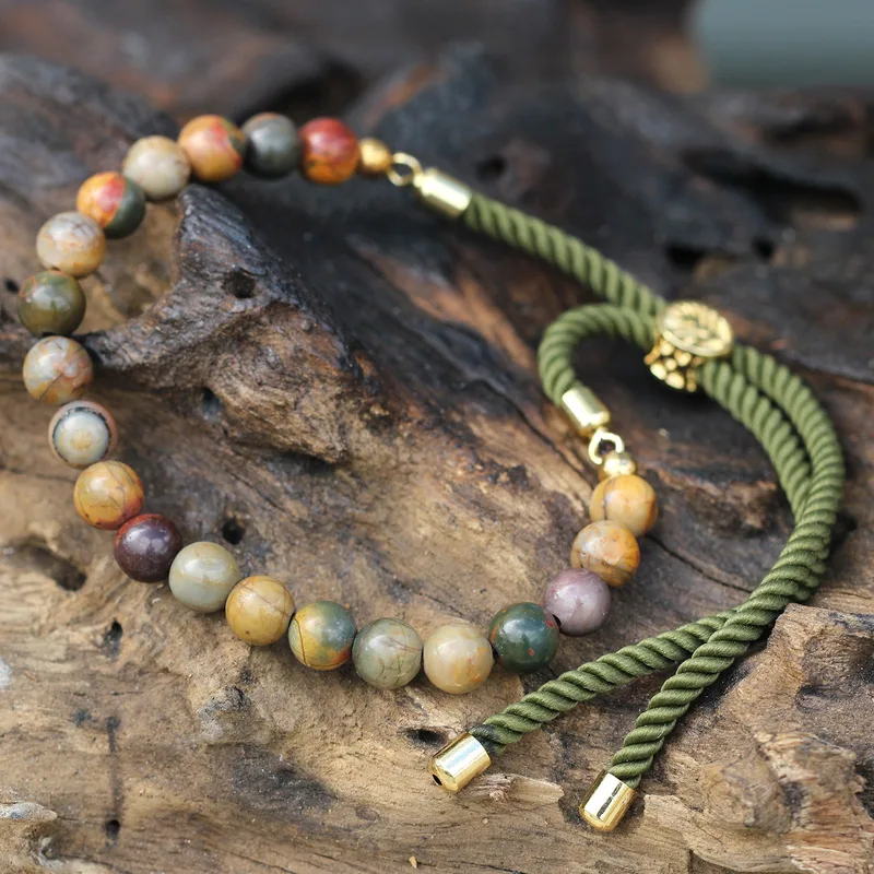 18K Oro Plated Gemstone Moss String Bracelet Picasso Jasper — foto 3