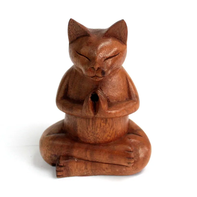 Wooden Carved Incenso Burners Med Yoga Cat