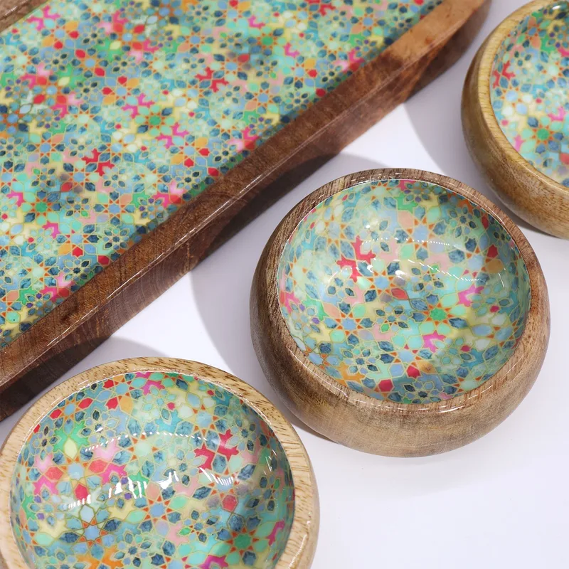 Mango Legno Tray with 3 Bowls Mediterraian Tile pattern — foto 4