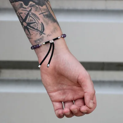 925 Argento Plated Gemstone Charcoal String Bracelet Dalmation Jasper — foto 2