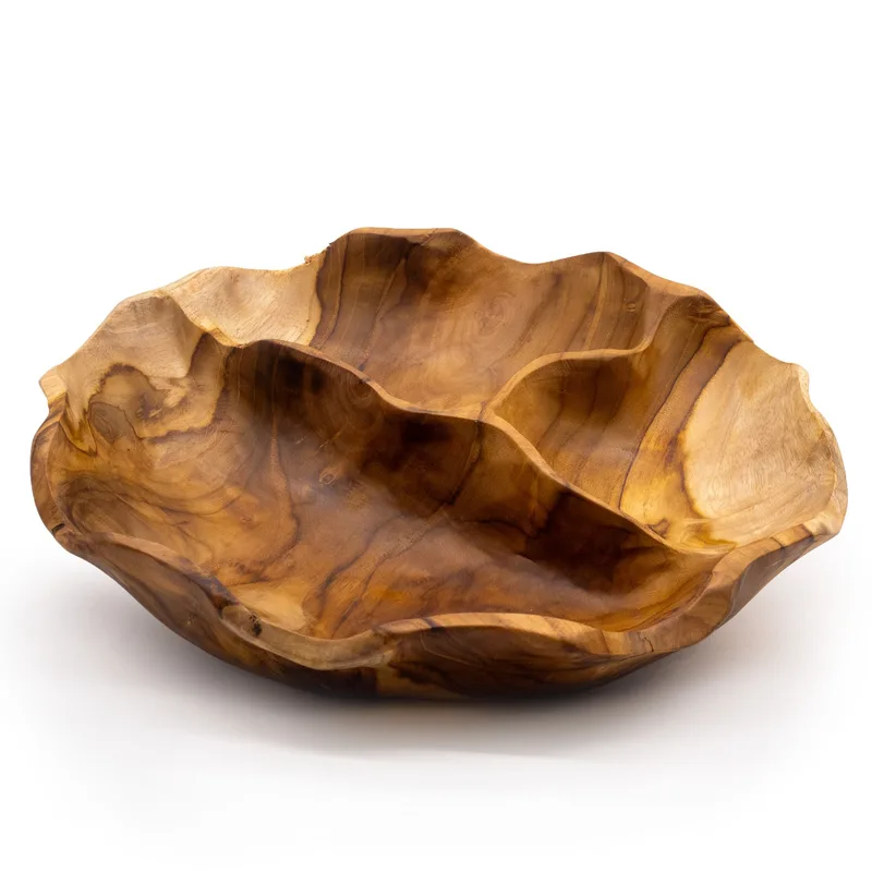 Smooth Round Teakwood Fruit Bowl Three Sections 30x5.5cm