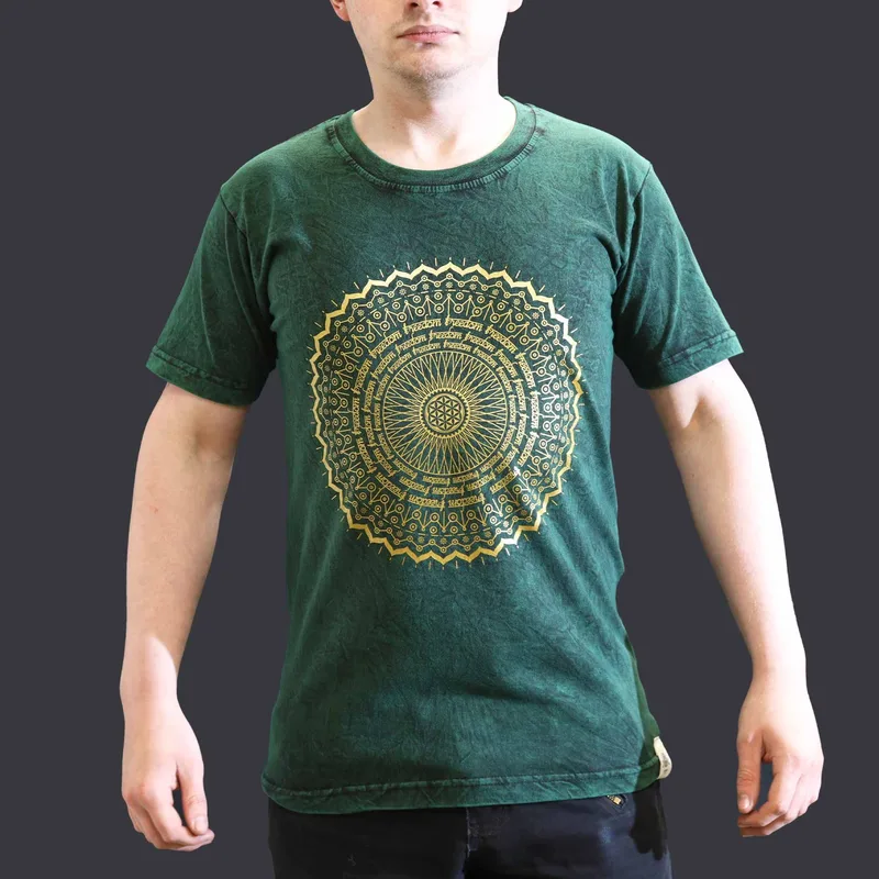 Nomad Sari Stonewashed Cotton T-Shirt – Mandala – Verde – Small