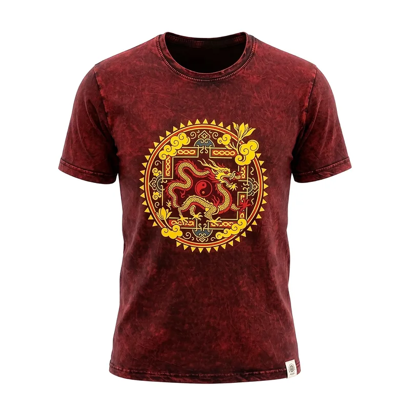 Nomad Sari Stonewashed Cotton T-Shirt Dragon Mandala Maroon Small