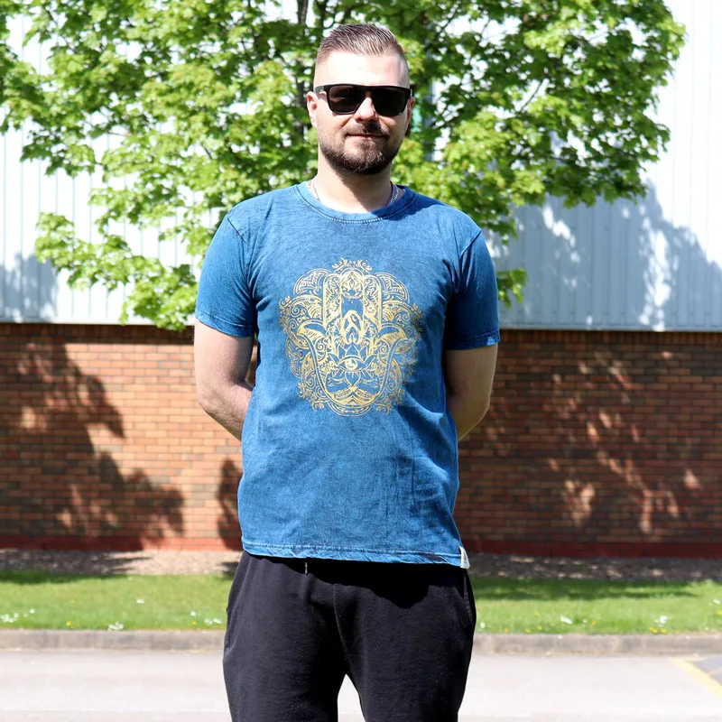 Nomad Sari Stonewashed Cotton T-Shirt – Hamsa – Blu – Small — foto 1