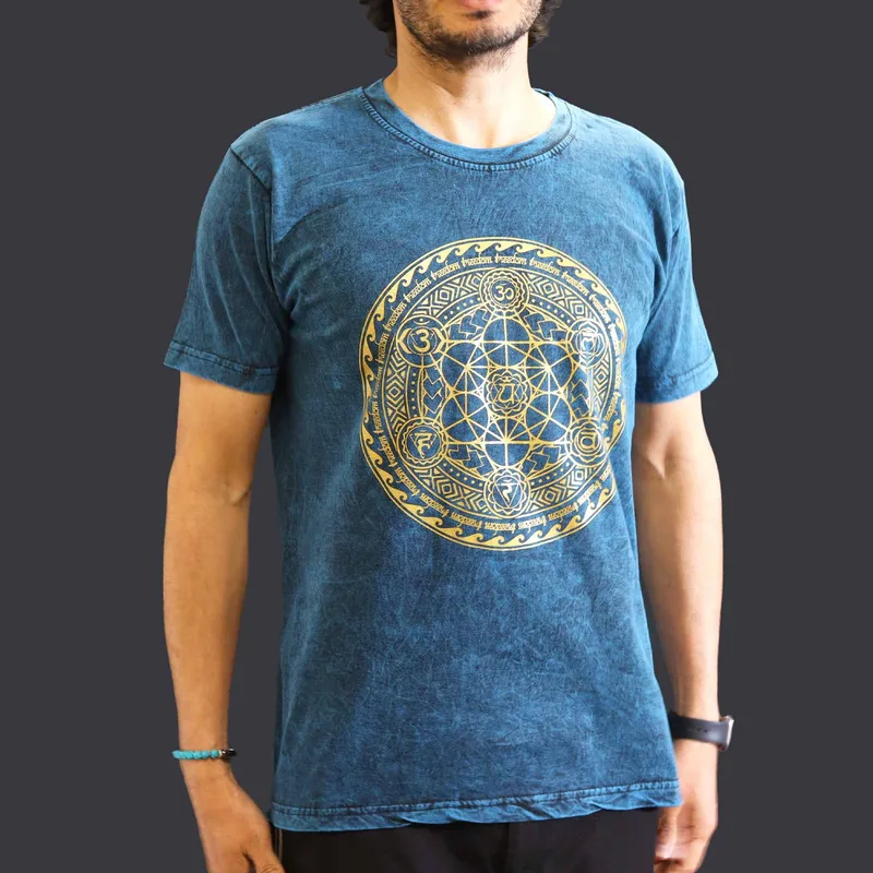 Nomad Sari Stonewashed Cotton T-Shirt – Chakra – Blu – Medium
