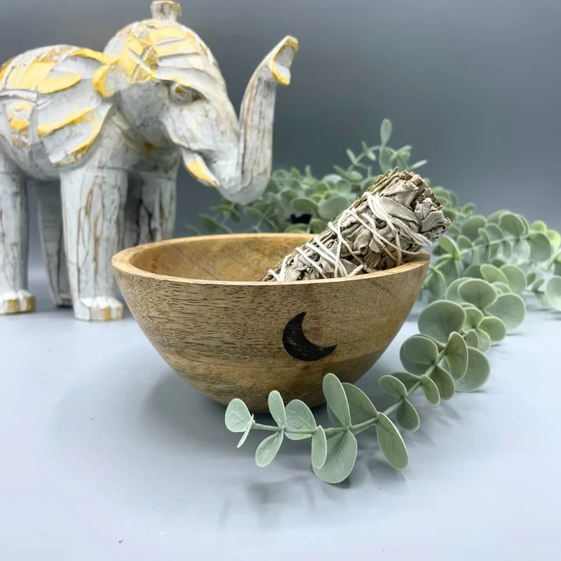 Wooden Smudge and Ritual Offerings Bowl Three Moons 14x7cm