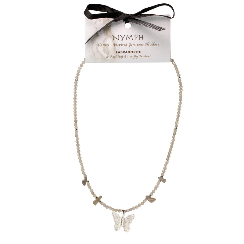 Collana Nymph con Pietra Naturale Labradorite e Ciondolo Farfalla con Foglia Vera