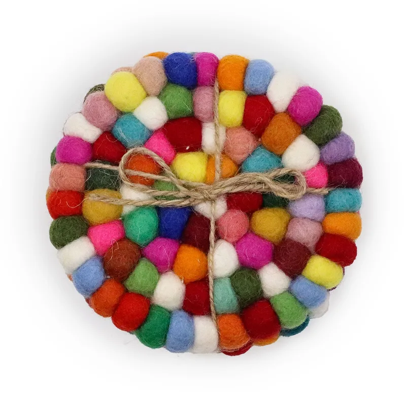 Felt Ball Round Coasters 10cm Multi colour Set of 4)
