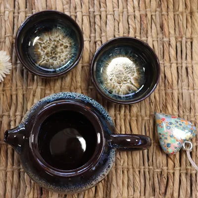 Herbal Nero Glaze Teapot Set Pot & Two Cups