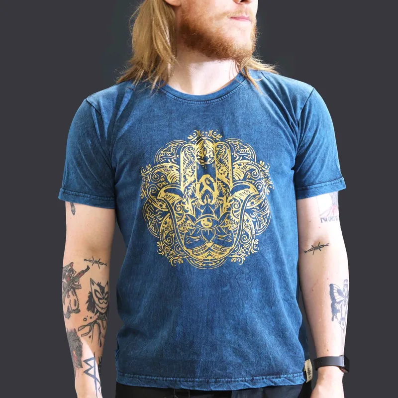 Nomad Sari Stonewashed Cotton T-Shirt – Hamsa – Blu – Large
