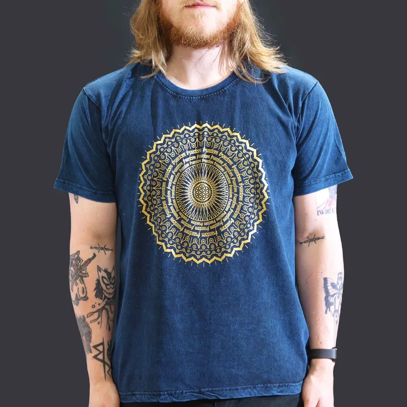 Nomad Sari Stonewashed Cotton T-Shirt – Mandala – Blu – Large
