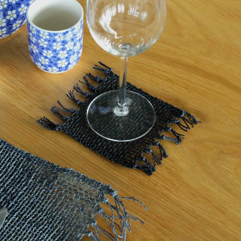 Set of 4 Seagrass Fringe Naturale Coaster - Nero
