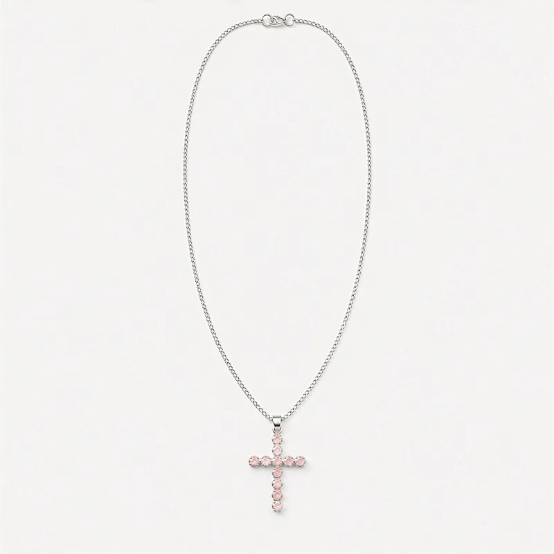 Indian Devotional Pendant Argento Plated Rosa Quartz Crucifix