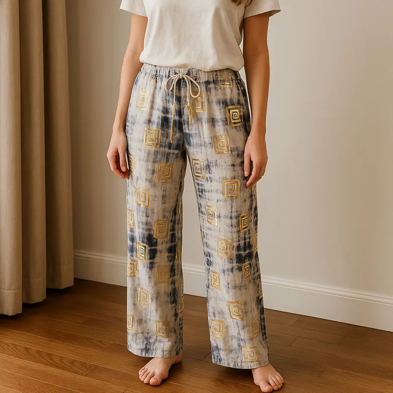 Nomad Sari On the Med Collection Lounge Pants Oro & Blu Greek Motiff Handpainted — foto 2