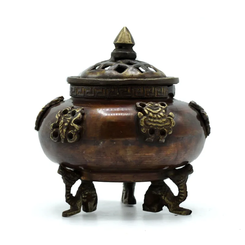 Brass Tibetan Incenso Bruciatore - Six Symbols Standing Pot