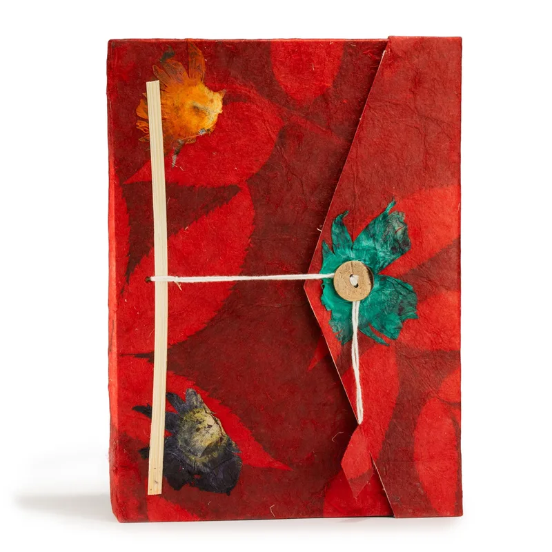 Lokta Bold Floral Notebook – Large – 45 Leaves – Includes Bookmark – Ruby
