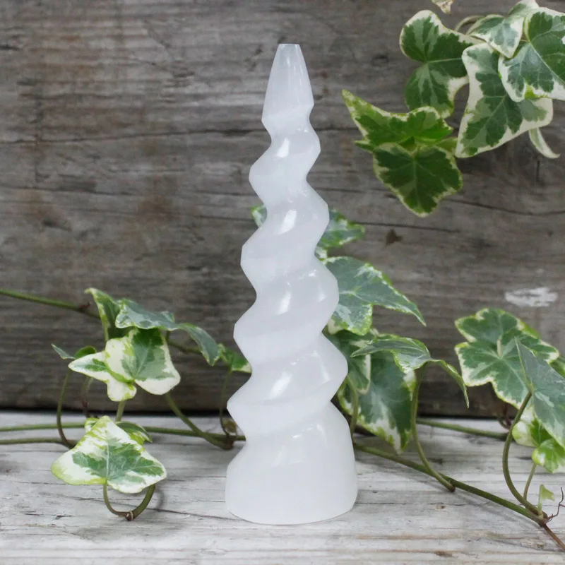 Selenite Spiral Unicorn Horn Tower 15 cm