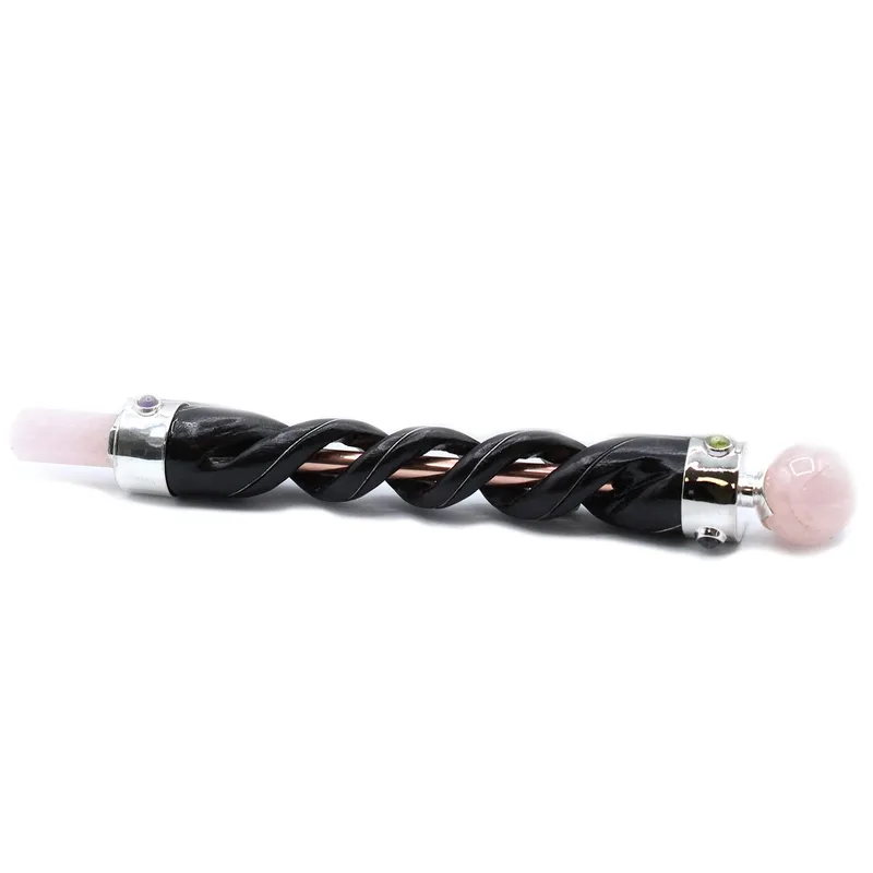 Spiral Carving Healing Wand Copper Pipe Rosa Quartz