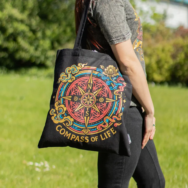 Iconic Classic Tote Bag - Compass of Life - Nero 6oz — foto 6