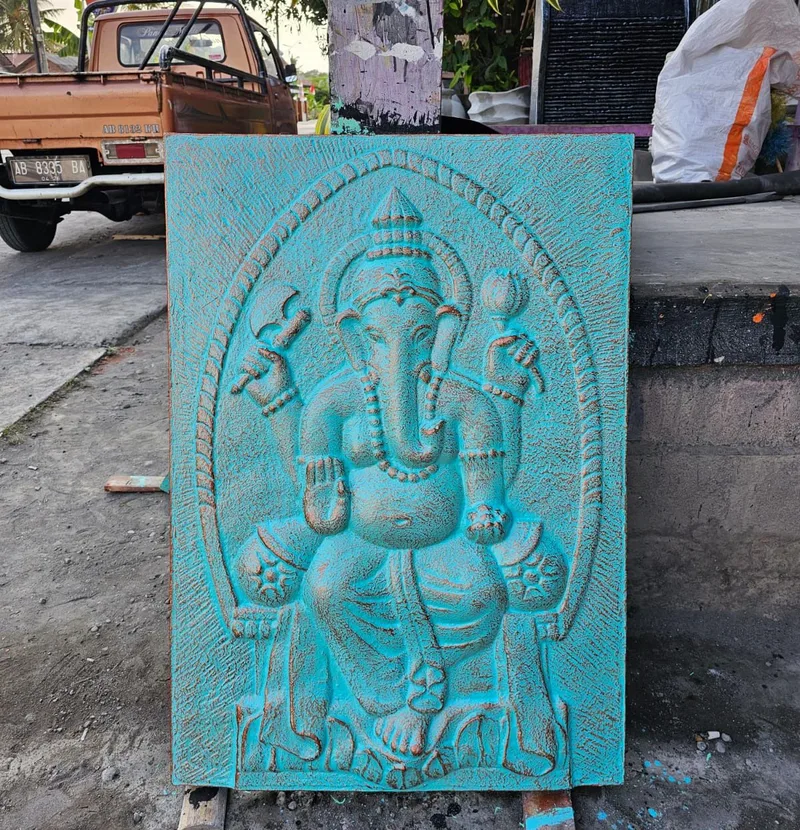 Large Ganpati Iron Frame Turquoise Relief 0.7x1m