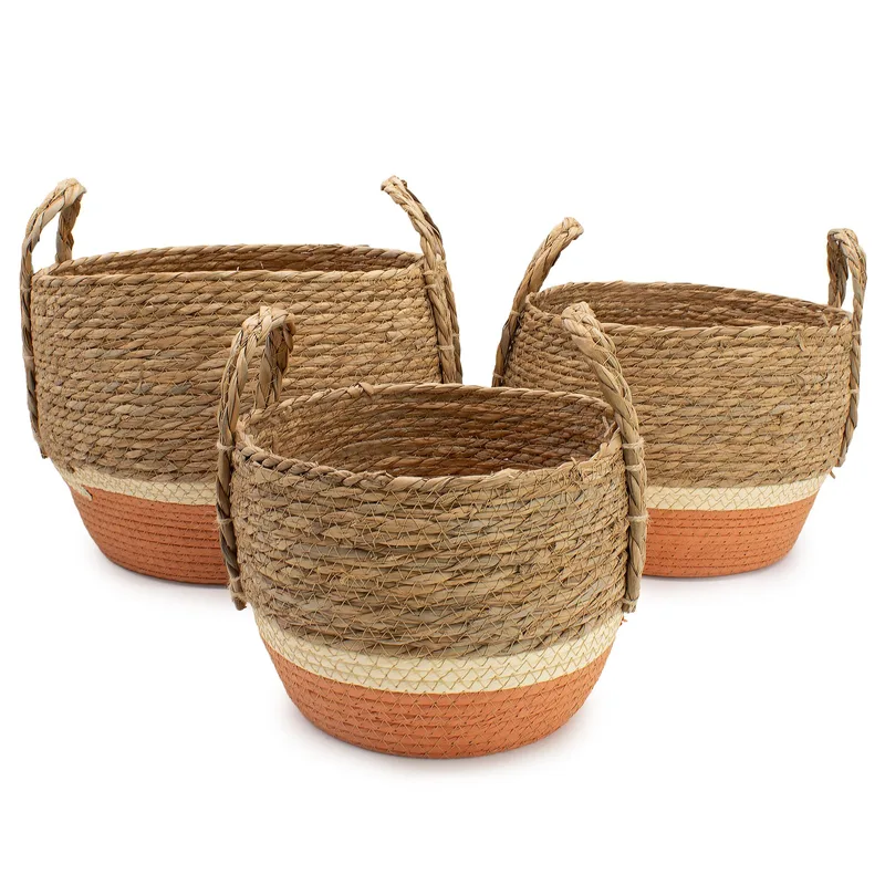 Straw & Seagrass Large Baskets Naturale & Orange Set of 3