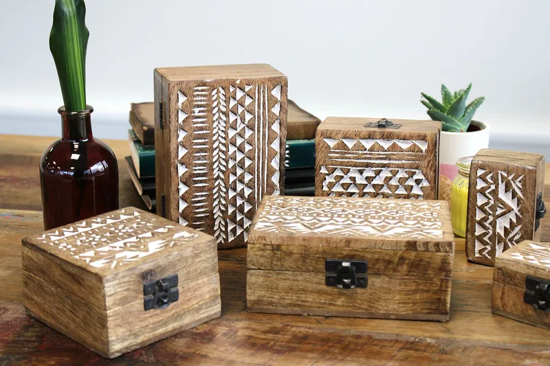 Bianco Washed Wooden Scatola 6x4 Aztec Design — foto 1