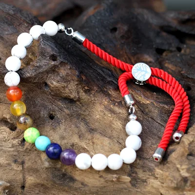 925 Argento Plated Gemstone Royal Red String Bracelet Bianco Howlite Chakra — foto 1