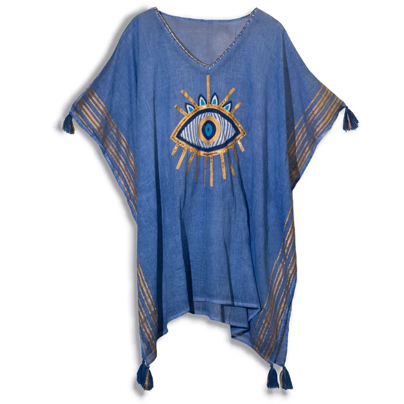Nomad Sari Kaftan – Rich Blu & Oro Evil Eye Print