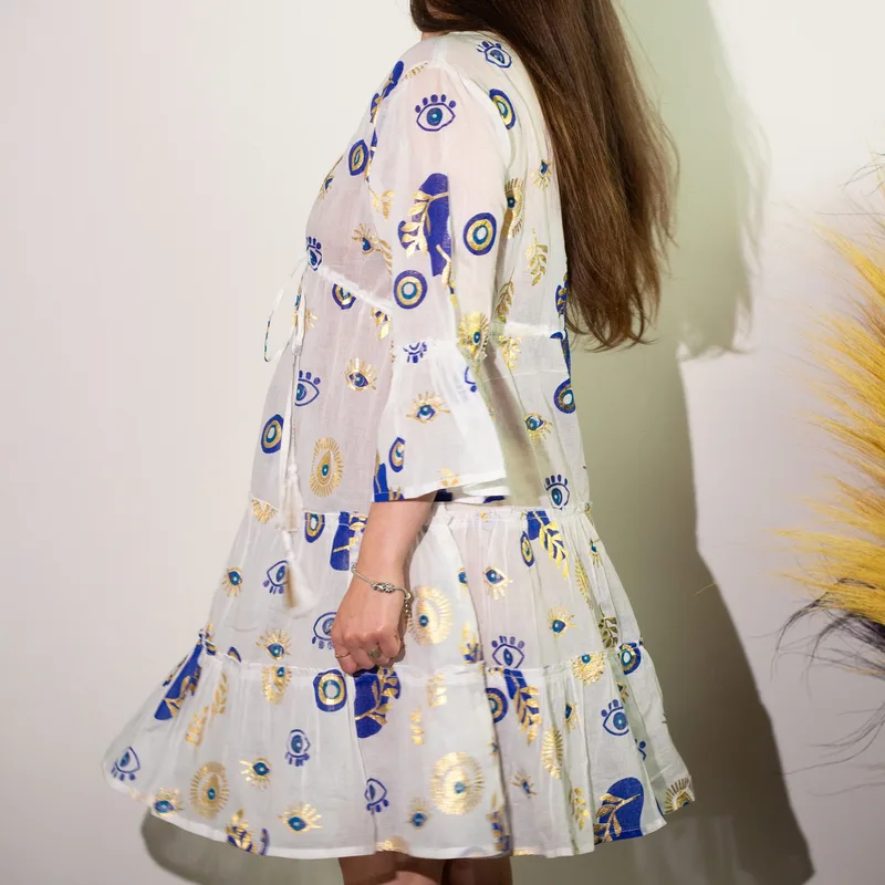 Nomad Sari Evil Eye Dress – Bianco Blu & Oro – Size M/L — foto 4