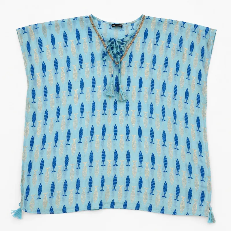 Nomad Sari On the Med Collection - Kaftan - Turquoise & Blu Bold Fish Print — foto 1