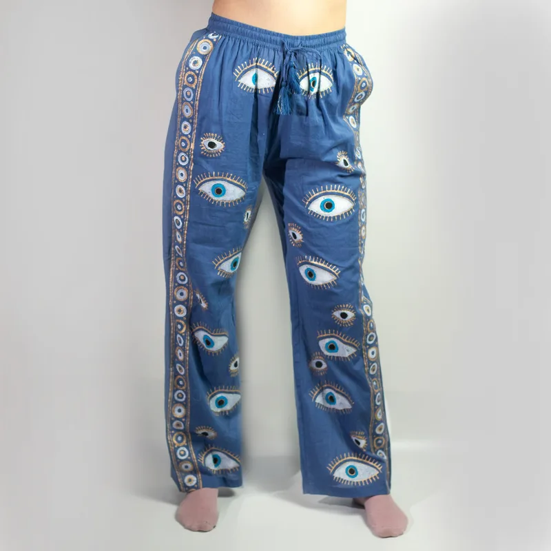 Nomad Sari On the Med Collection Lounge Pants Rich Blu & Oro Hand Painted Evil Eye Design — foto 3
