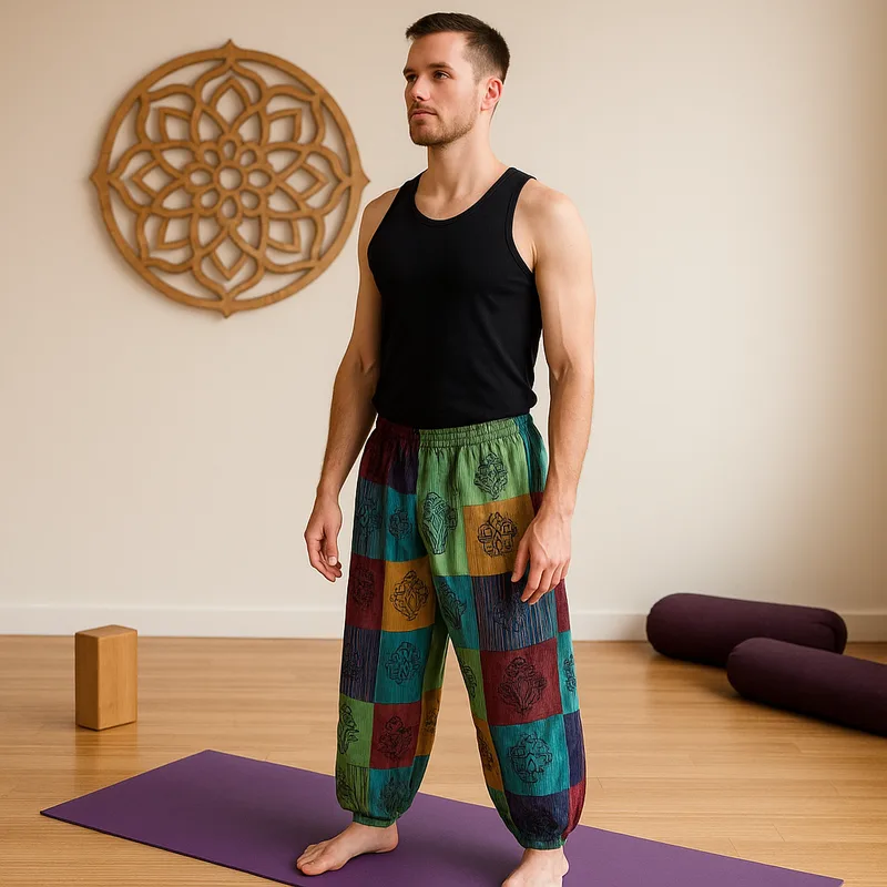 Nomad Sari Mushroom Pants Block Print Designs Verde Tones L/XL