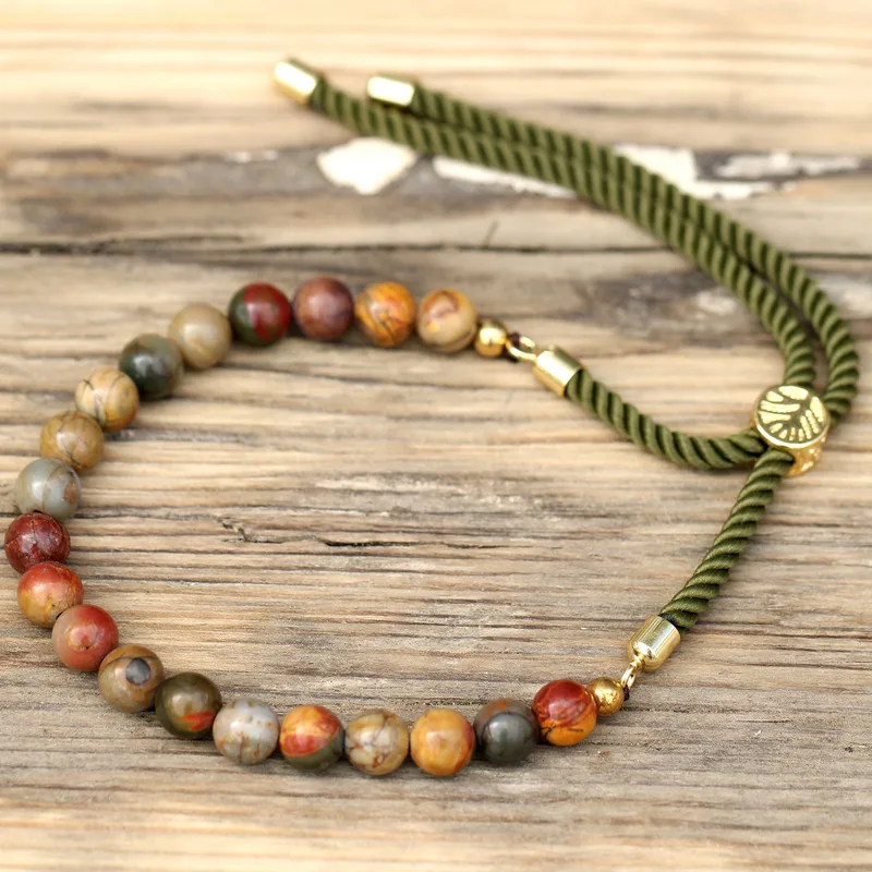 18K Oro Plated Gemstone Moss String Bracelet Picasso Jasper — foto 5