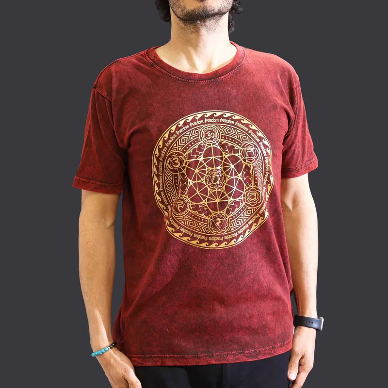 Nomad Sari Stonewashed Cotton T-Shirt – Chakra – Maroon – Medium
