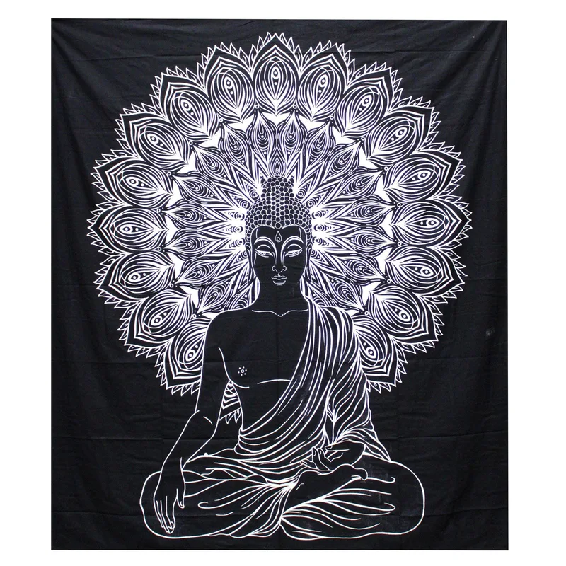 B&W Double Cotton Bedspread + Wall Hanging Buddha