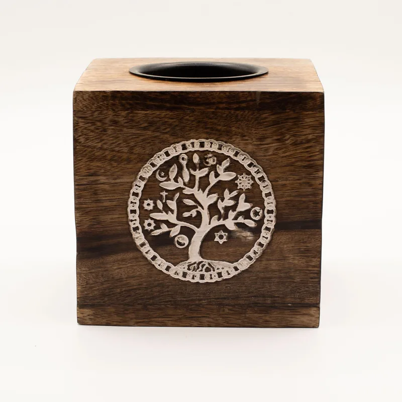 Large Square Mango Legno Olio Bruciatore Albero of Life