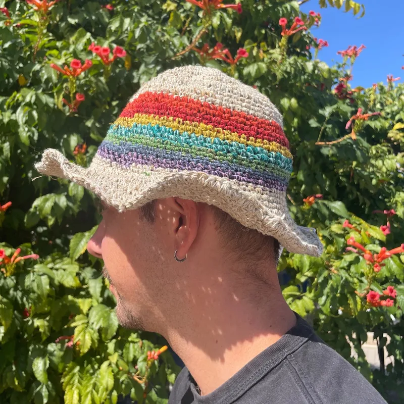 Hand-Knited Hemp & Cotton Boho Festival Hat Rainbow — foto 2