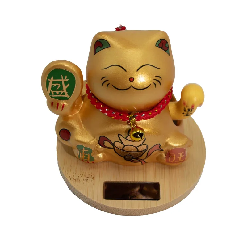 Solar Money Cat Wooden Base Oro moving Hand