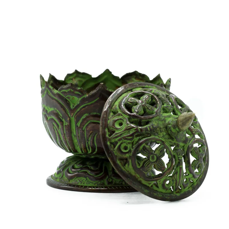 Brass Verdigris Tibetan Incenso Bruciatore Small Lotus — foto 1