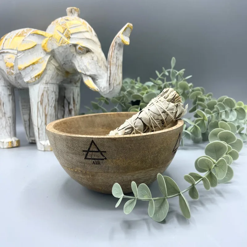 Wooden Smudge and Ritual Offerings Bowl Four Elements 14x7cm